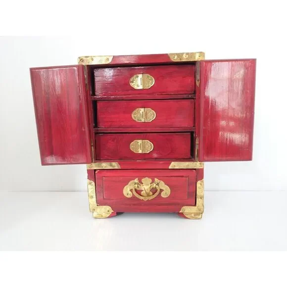 Vintage Chinese Rosewood Jewelry Box Ornate Brass Jade Inlay